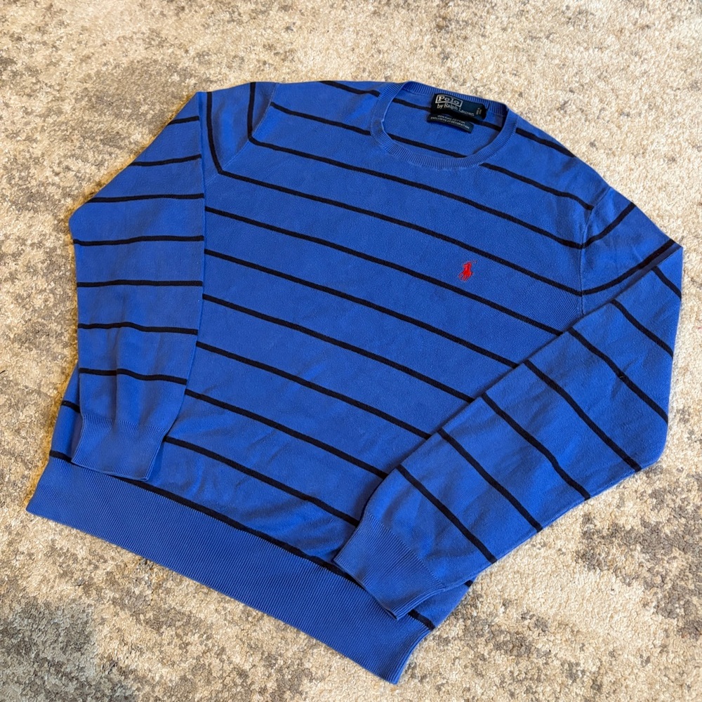 Polo Ralph Lauren Pima Cotton Blue Pinstripe Red Pony Preppy Crewneck Sweater